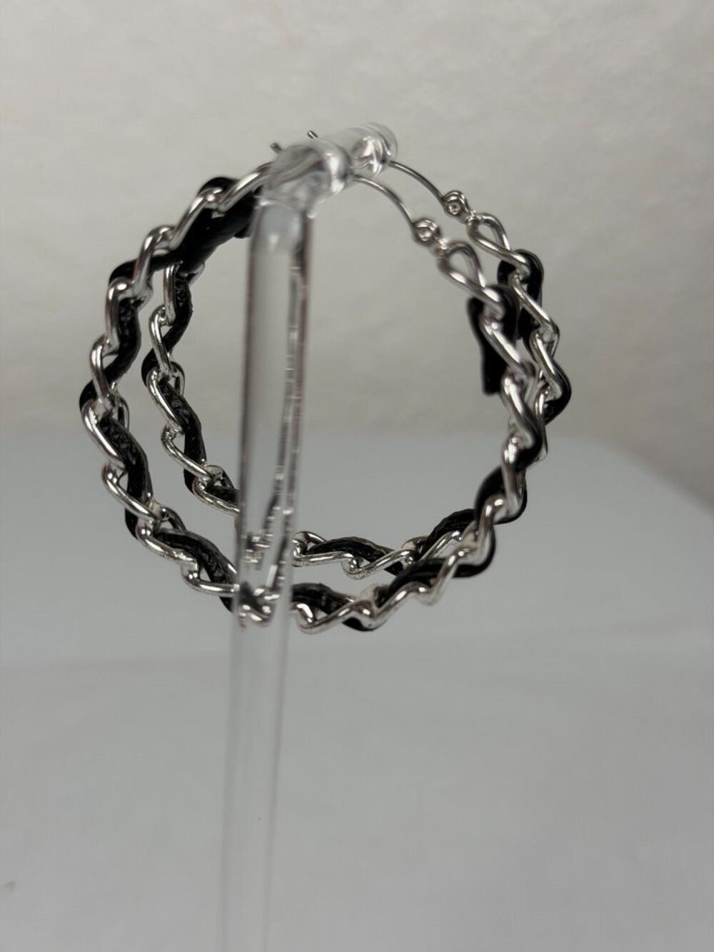 Bold Black (faux maybe } Leather & Silver Tone Twisted Chain-Link Hoop Earrings